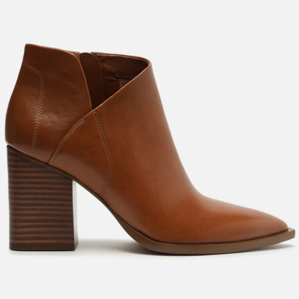 Women's Tan Leather Ankle Bootie with Block Heel
